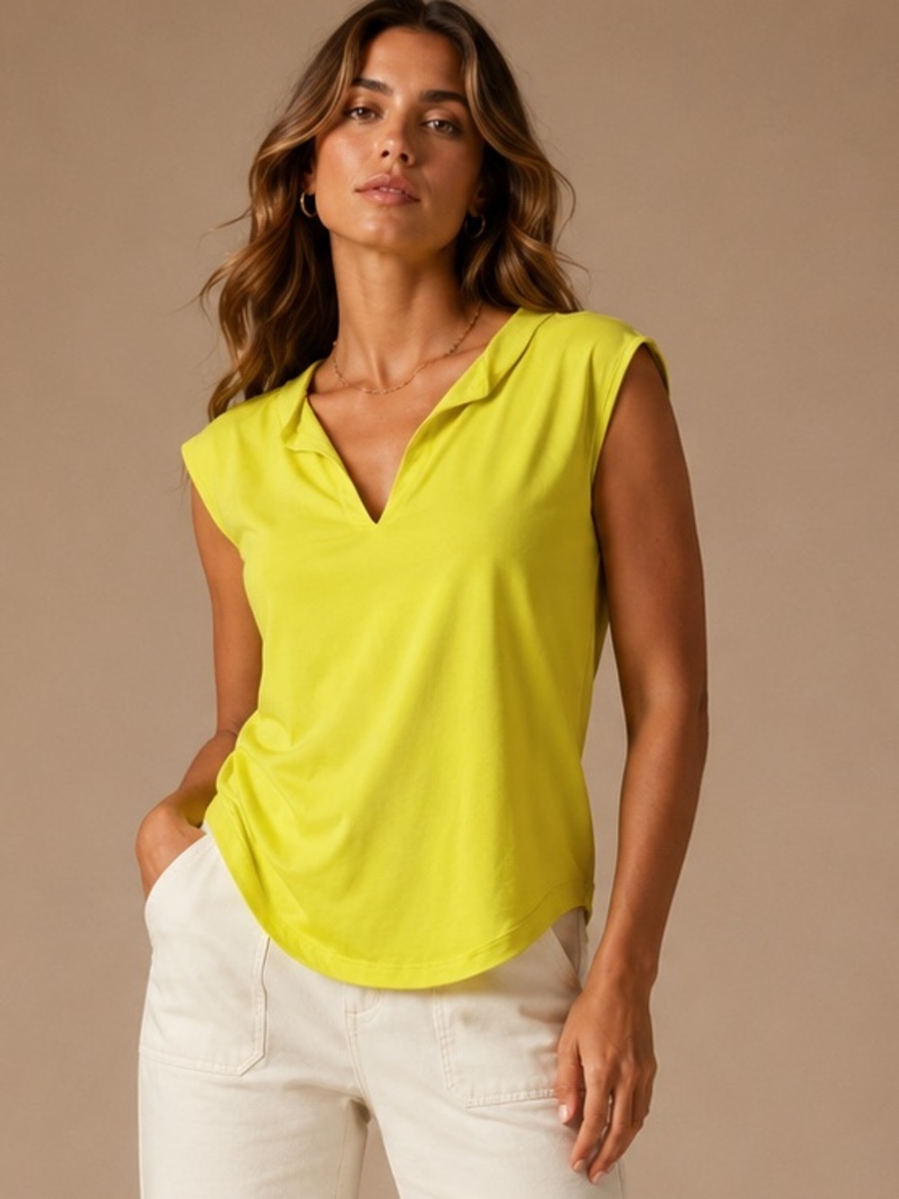 Cabi Neon Yellow Sleeveless Collared Top Size XS Bright Summer